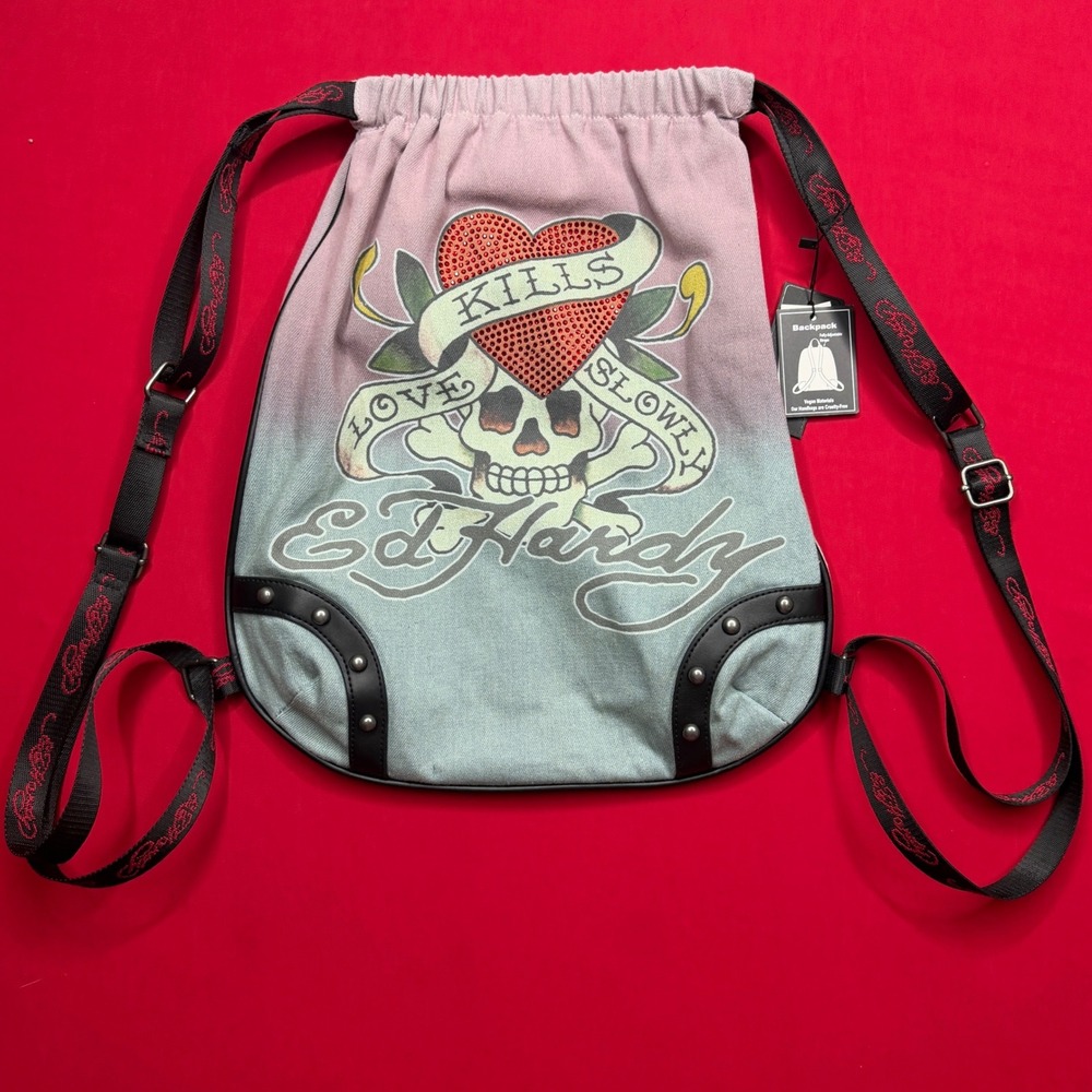 Ed Hardy Love‎ Kills Slowly Ombre Drawstring Backpack Rhinestone Skull Pink Blue